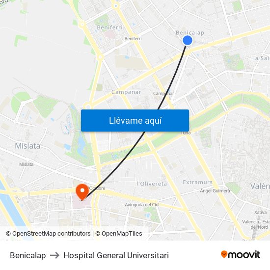 Benicalap to Hospital General Universitari map