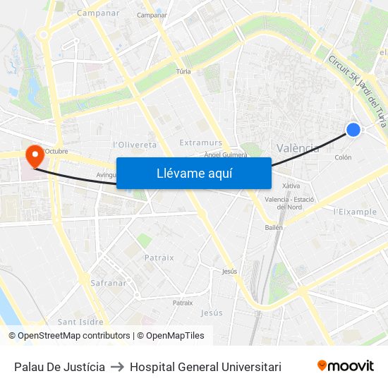 Palau De Justícia to Hospital General Universitari map