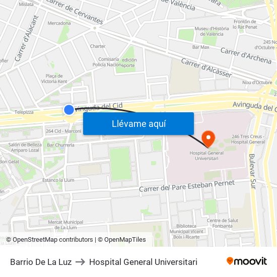 Barrio De La Luz to Hospital General Universitari map