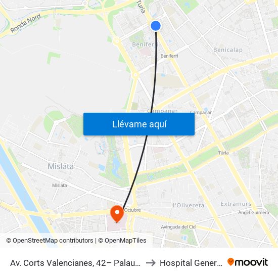 Av. Corts Valencianes, 42– Palau De Congressos [València] to Hospital General Universitari map