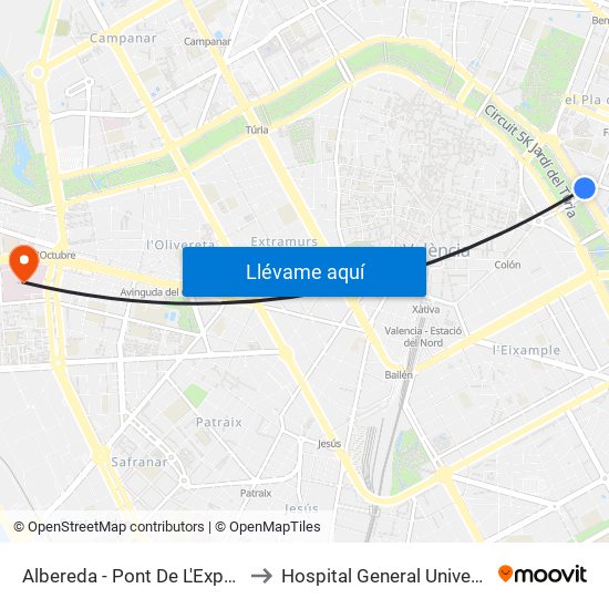 Albereda to Hospital General Universitari map