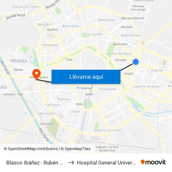 Blasco Ibáñez - Rubén Darío to Hospital General Universitari map