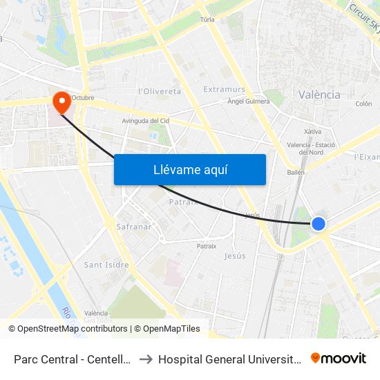 Parc Central to Hospital General Universitari map