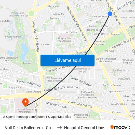 Vall De La Ballestera - Campanar to Hospital General Universitari map