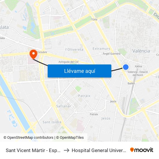 Sant Vicent Màrtir - Espanya to Hospital General Universitari map