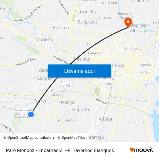 Pare Méndez - Encarnació to Tavernes Blanques map