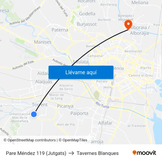 Pare Méndez 119 (Jutgats) to Tavernes Blanques map
