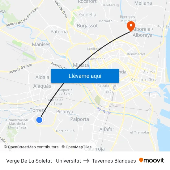Verge De La Soletat - Universitat to Tavernes Blanques map