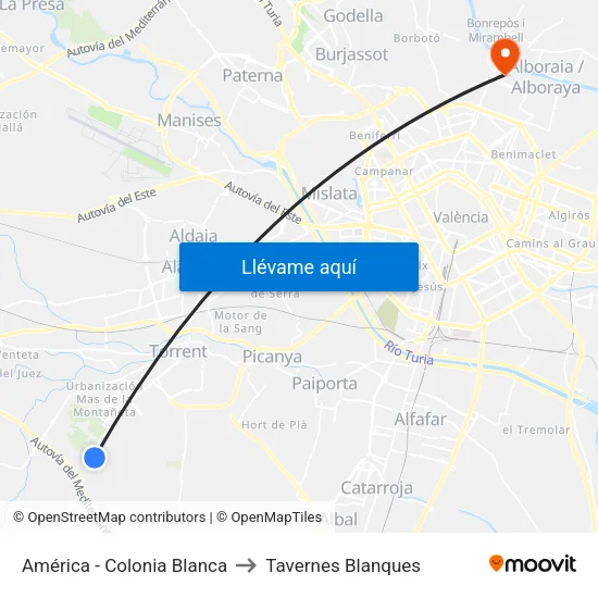 América - Colonia Blanca to Tavernes Blanques map
