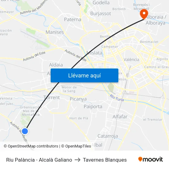 Riu Palància - Alcalà Galiano to Tavernes Blanques map