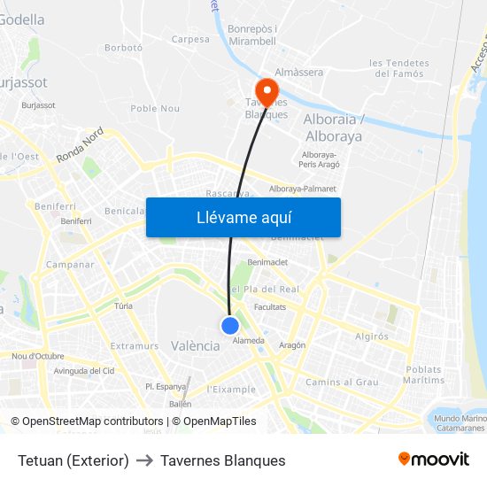Tetuan (Exterior) to Tavernes Blanques map