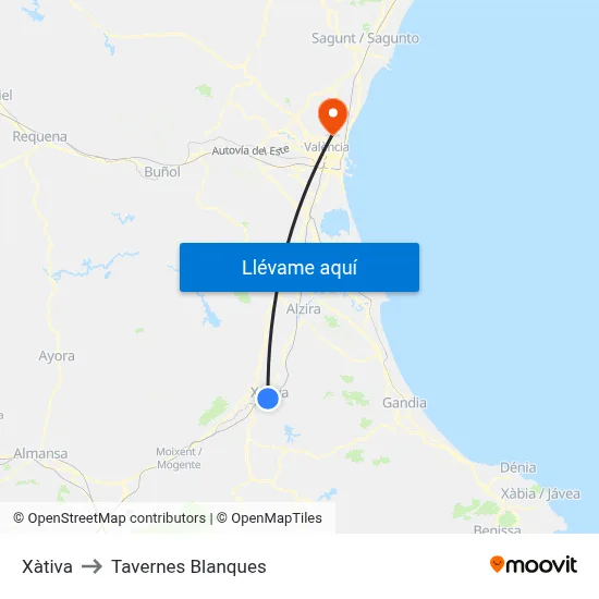 Xàtiva to Tavernes Blanques map