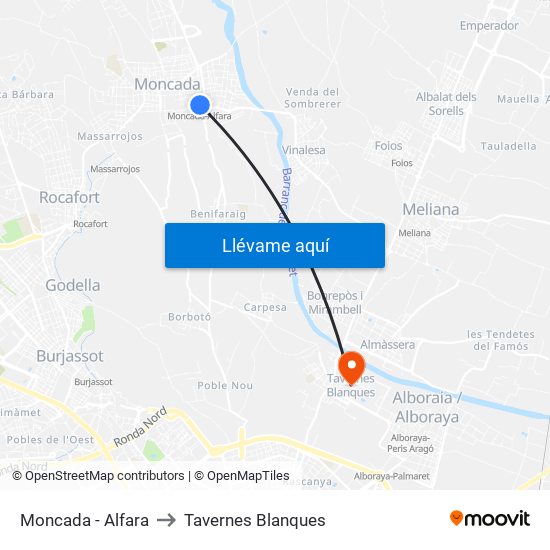 Moncada - Alfara to Tavernes Blanques map