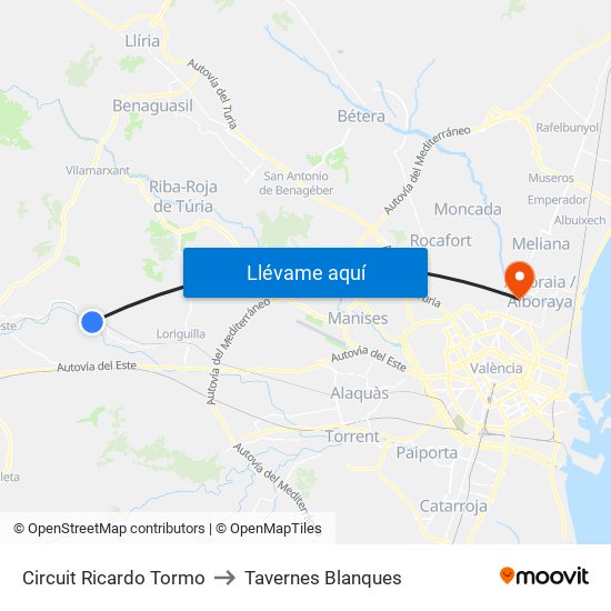 Circuit Ricardo Tormo to Tavernes Blanques map