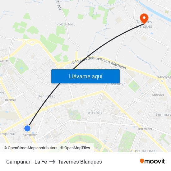 Campanar - La Fe to Tavernes Blanques map