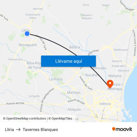 Llíria to Tavernes Blanques map
