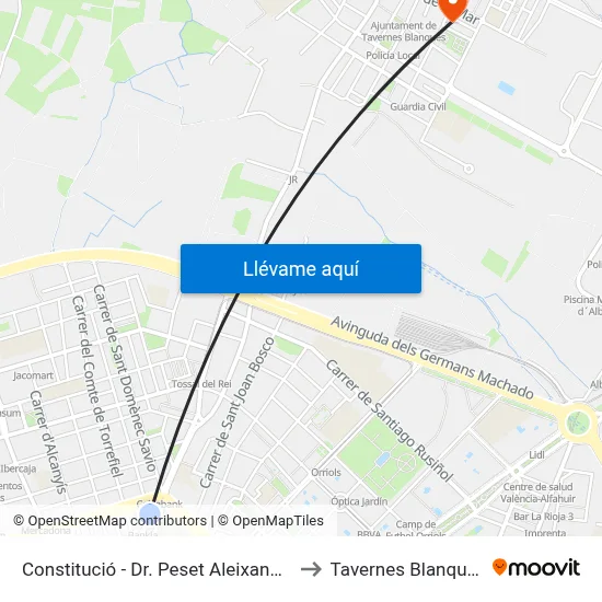 Constitució - Dr. Peset Aleixandre to Tavernes Blanques map