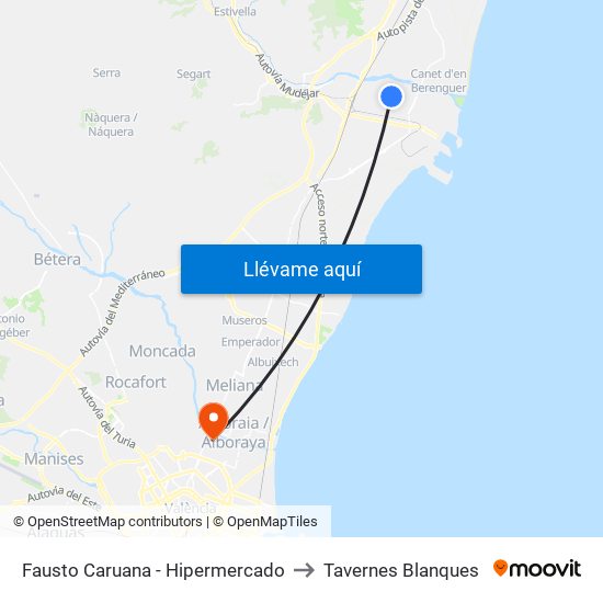 Fausto Caruana - Hipermercado to Tavernes Blanques map