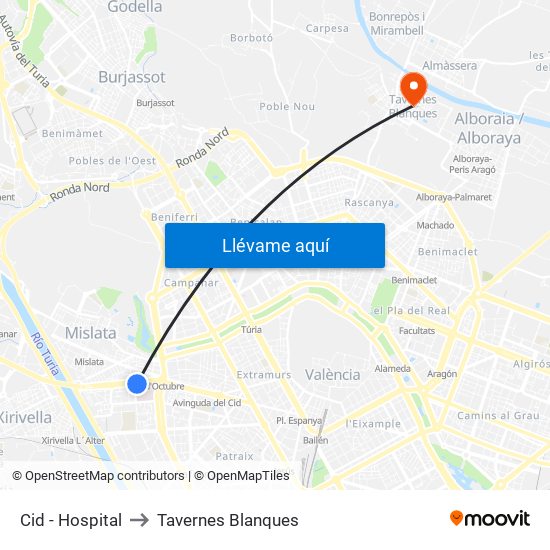 Cid - Hospital to Tavernes Blanques map