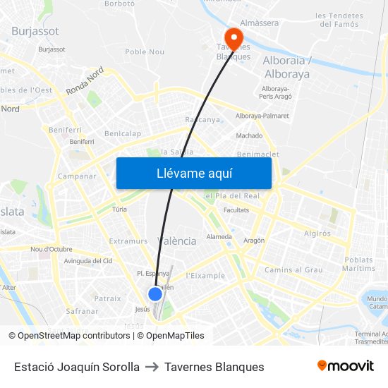 Estació Joaquín Sorolla to Tavernes Blanques map