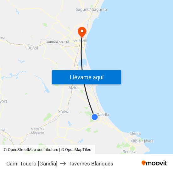 Camí Touero [Gandia] to Tavernes Blanques map
