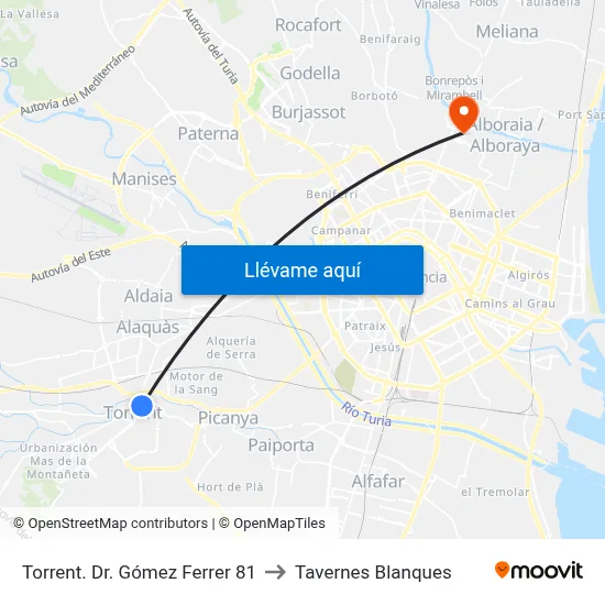 Torrent. Dr. Gómez Ferrer 81 to Tavernes Blanques map