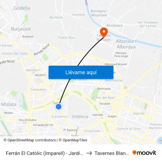 València. Ferran El Catòlic (Imparell) - Jardí Botànic to Tavernes Blanques map