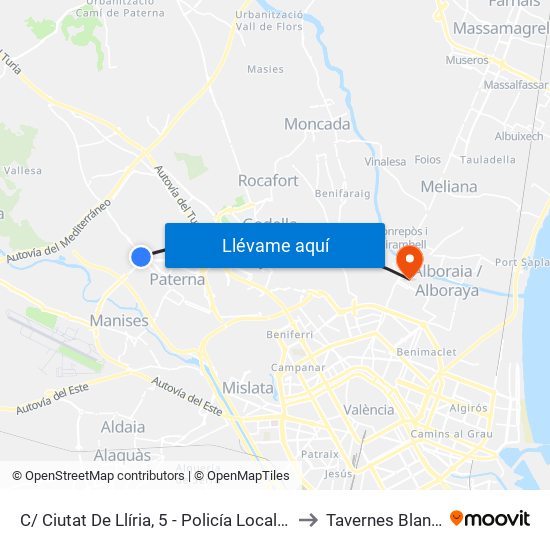 C/ Ciutat De Llíria, 5 - Policía Local [Paterna] to Tavernes Blanques map