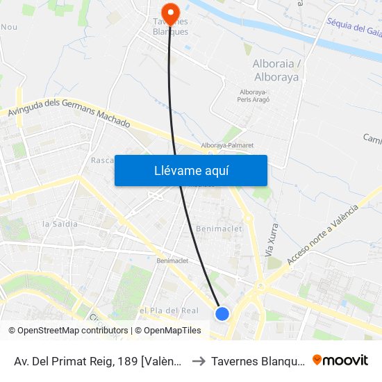 Av. Del Primat Reig, 189 [València] to Tavernes Blanques map