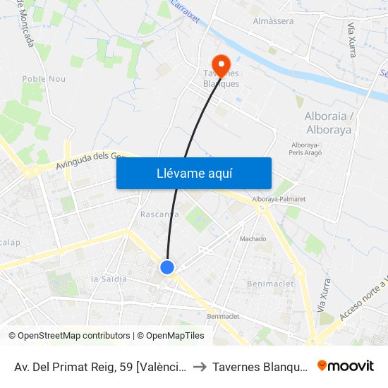 Av. Del Primat Reig, 59 [València] to Tavernes Blanques map
