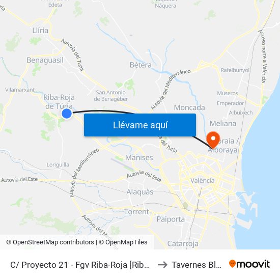 C/ Proyecto 21 - Fgv Riba-Roja [Riba-Roja De Túria] to Tavernes Blanques map
