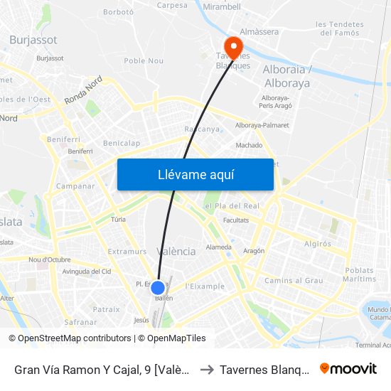 Gran Vía Ramon Y Cajal, 9 [València] to Tavernes Blanques map