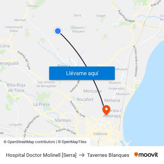 Hospital Doctor Molinell [Serra] to Tavernes Blanques map