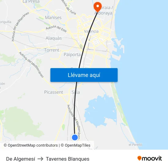De Algemesí to Tavernes Blanques map