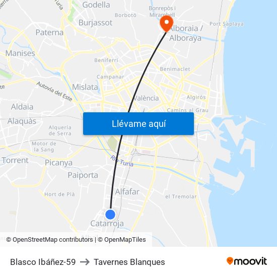 Blasco Ibáñez-59 to Tavernes Blanques map