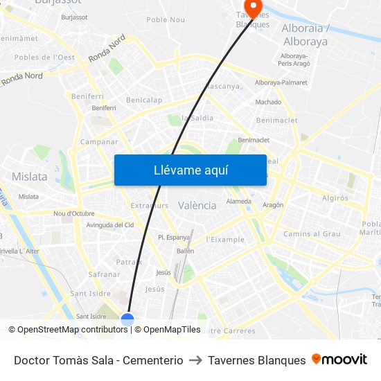 Doctor Tomàs Sala - Cementerio to Tavernes Blanques map