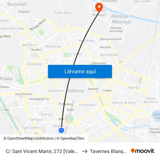 C/ Sant Vicent Martir, 272 [València] to Tavernes Blanques map