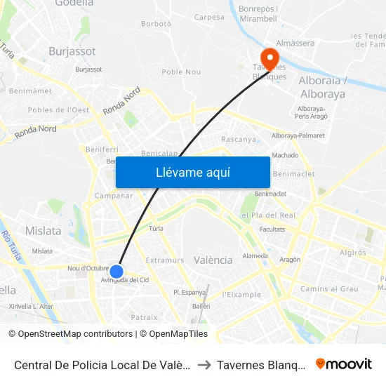 Central De Policia Local De València to Tavernes Blanques map