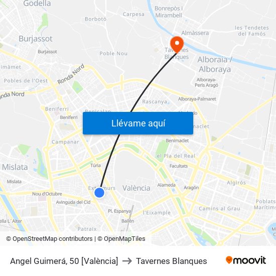 Angel Guimerá, 50 [València] to Tavernes Blanques map
