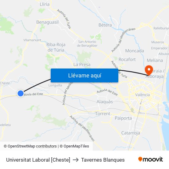 Universitat Laboral [Cheste] to Tavernes Blanques map