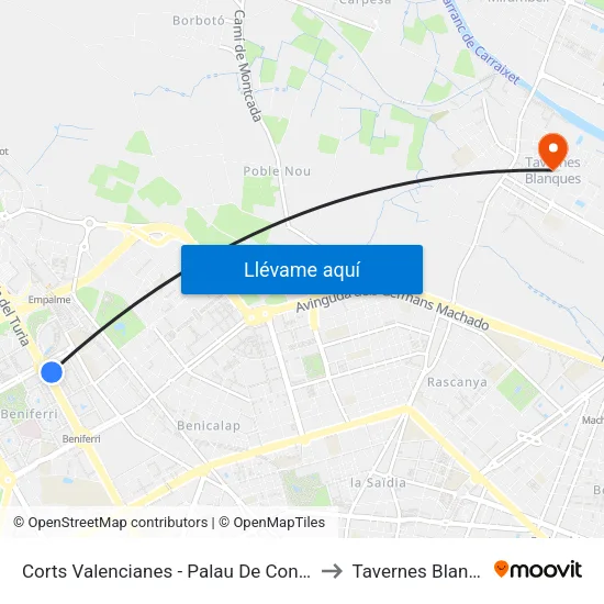 Corts Valencianes - Palau De Congressos to Tavernes Blanques map
