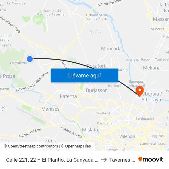 Calle 221, 22 – El Plantio. La Canyada / Fuente Del Jarro [Paterna] to Tavernes Blanques map