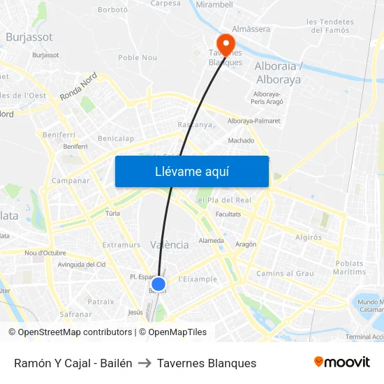 València. Ramón Y Cajal - Bailén / Andana 2 to Tavernes Blanques map
