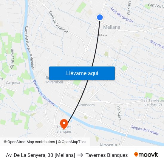 Av. De La  Senyera, 33 [Meliana] to Tavernes Blanques map