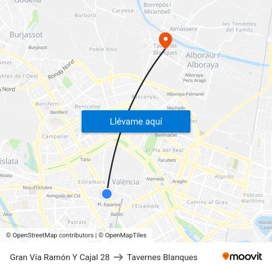 València. Ramón Y Cajal (Parell) - Jesús to Tavernes Blanques map