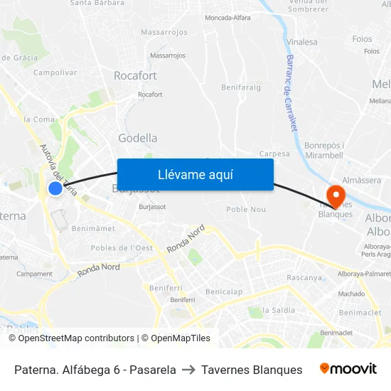Paterna. Alfábega 6 - Pasarela to Tavernes Blanques map