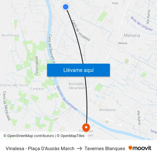 Vinalesa - Plaça D'Ausiàs March to Tavernes Blanques map