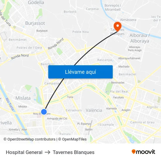 Hospital General to Tavernes Blanques map