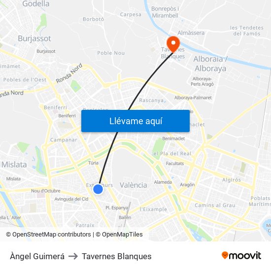 Àngel Guimerá to Tavernes Blanques map