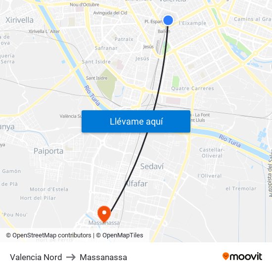 Valencia Nord to Massanassa map